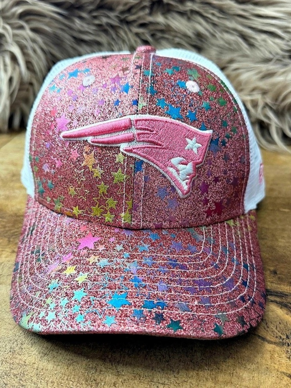 New Era Sparkling Pink Star Print Trucker Hat, New England Patriots, youth girls